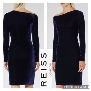 Reiss Midnight Navy Velvet One-Shoulder Long Sleeve Dress